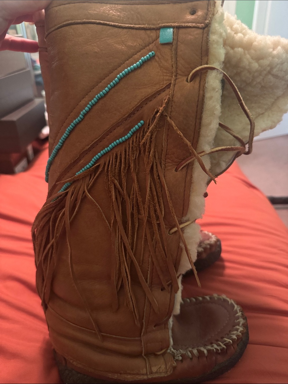 Minnetonka Tan Leather Fringe Moccasin Boots with Turquoise Bead Detail